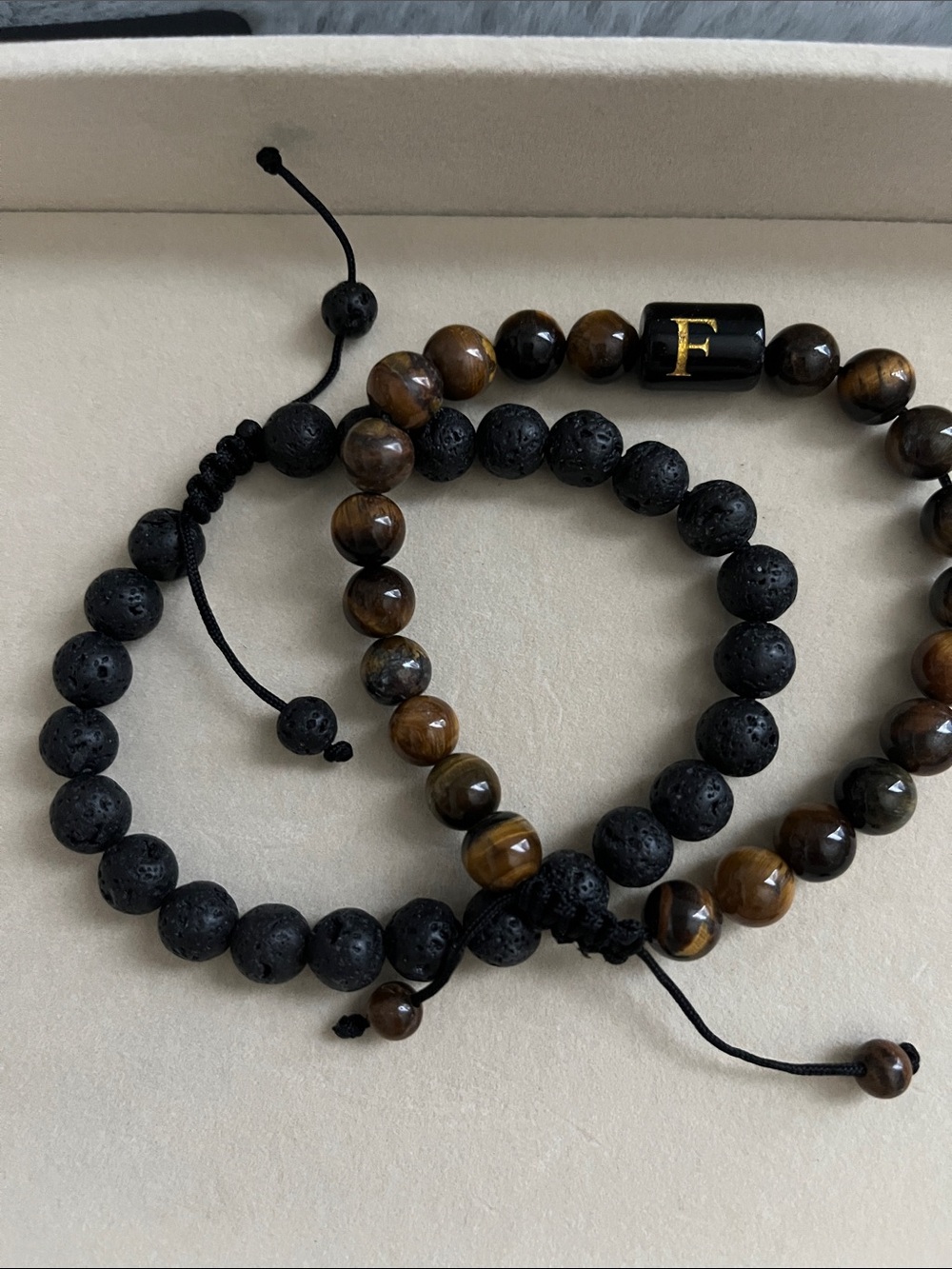 Faux Stone Bead Bracelet Set with Tiger Eye and Lava Beads - Black & Brown